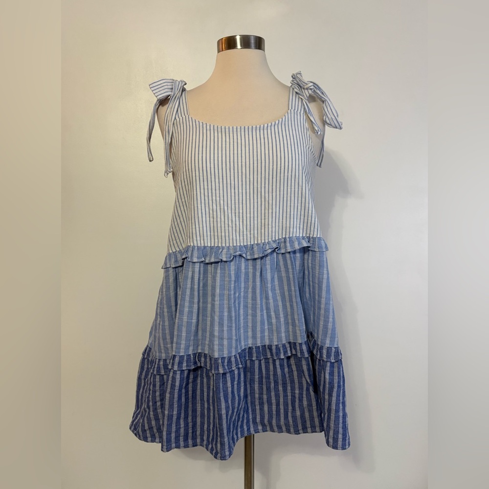 Blu Pepper Blue & White Striped Tie-Shoulder Tiered Mini Dress